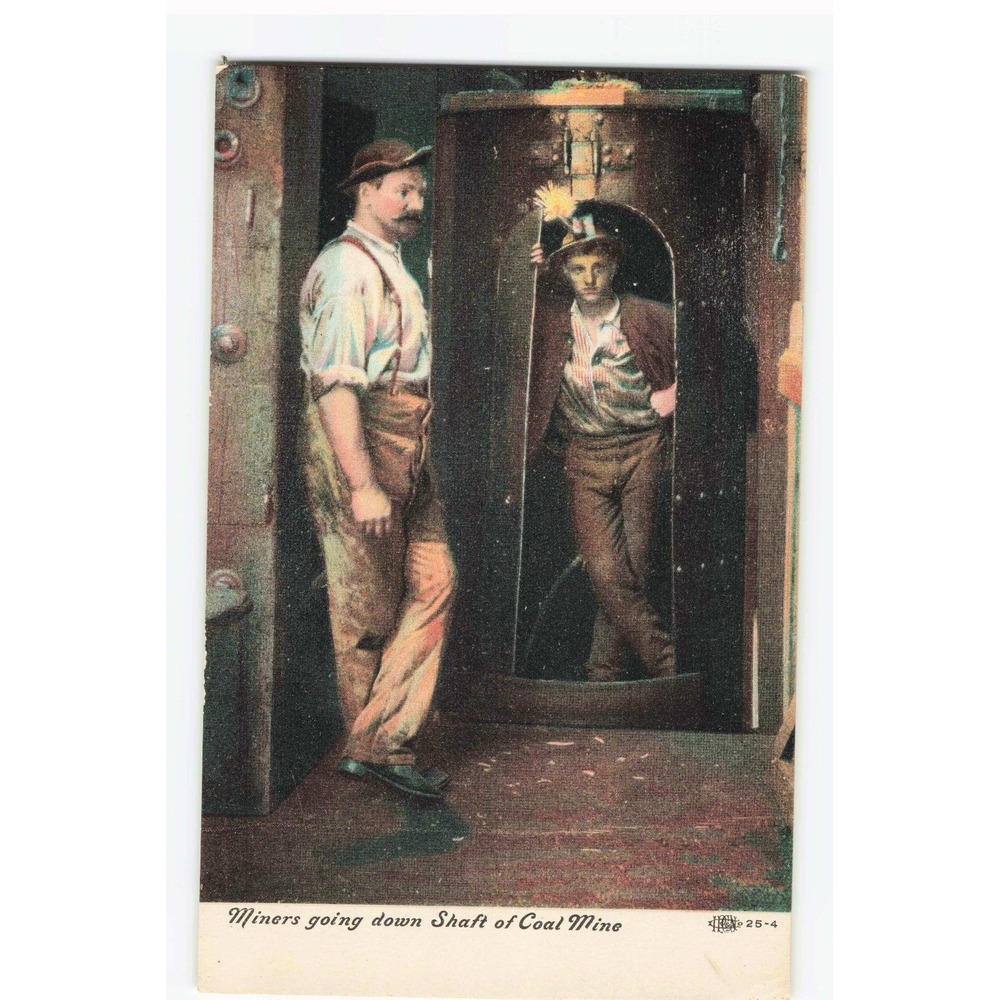 Vintage Miners Going Down Shaft of Coal Mine Postcard Colorized History